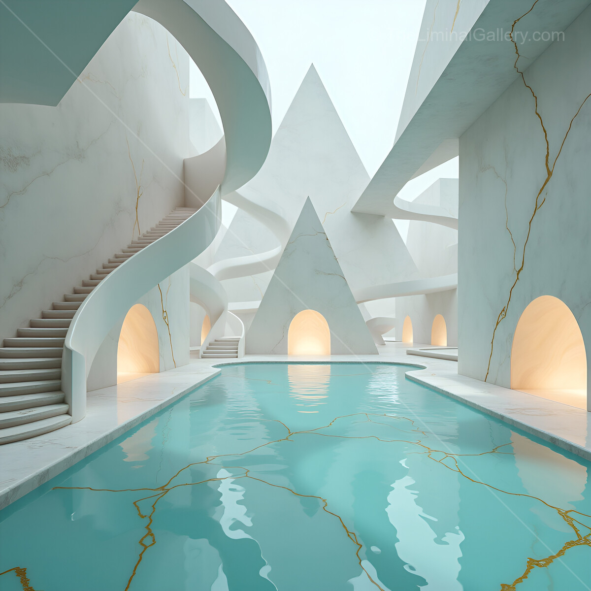 Stunning architectural liminal fantasy featuring a surreal water pool and intricate marble features in tranquil light