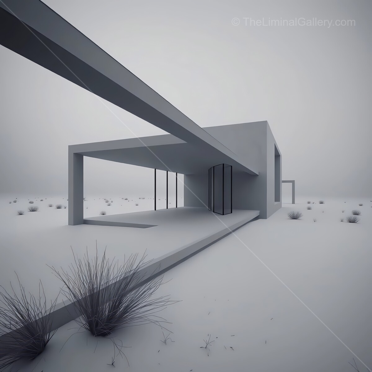 Minimalist architecture blends with an arid landscape under a muted sky in a serene setting