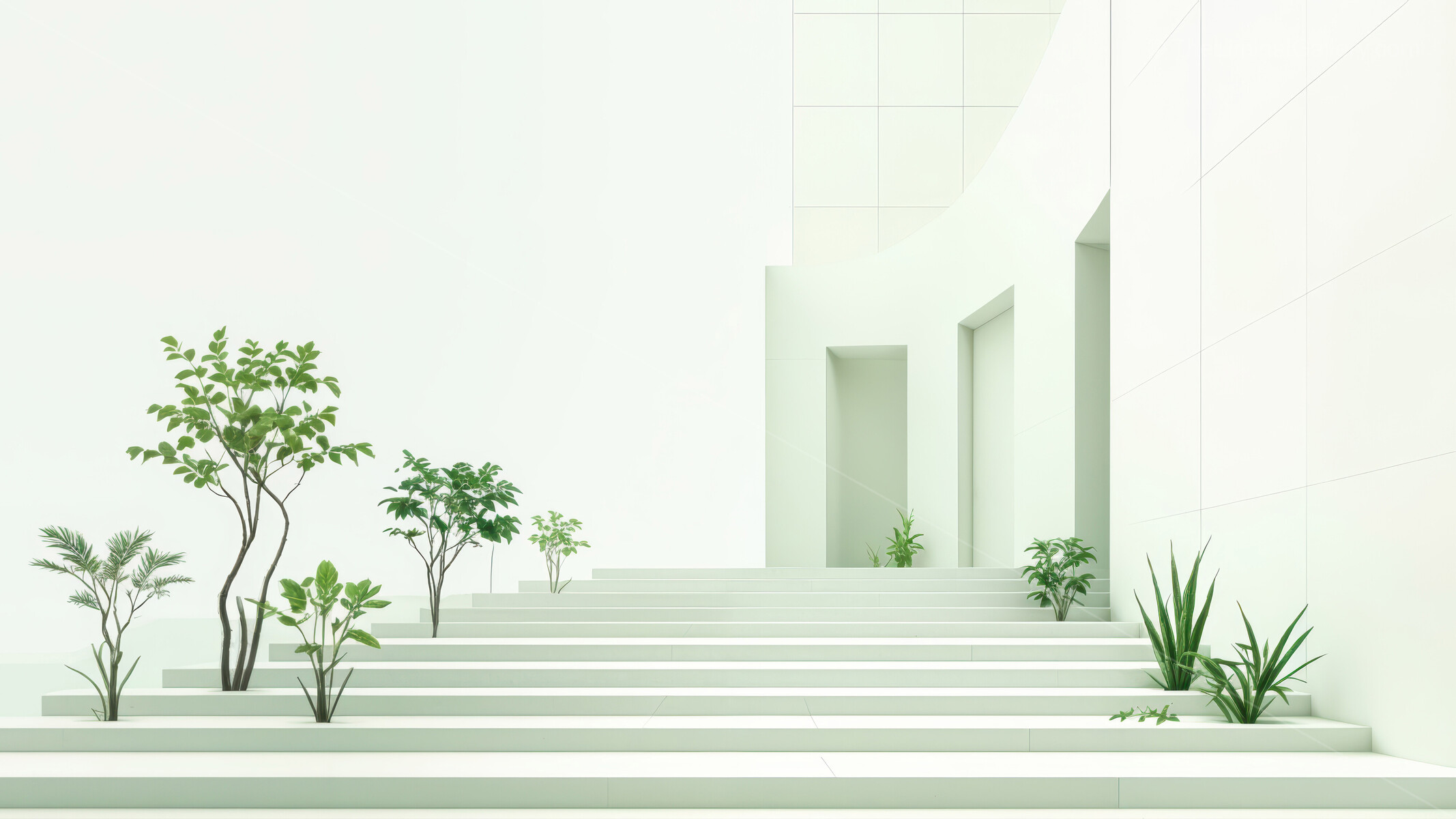 Minimalist staircase oasis pairs crisp architecture with vibrant plants, serene ambience offering a refreshing pause from daily bustle for reflection and calm
