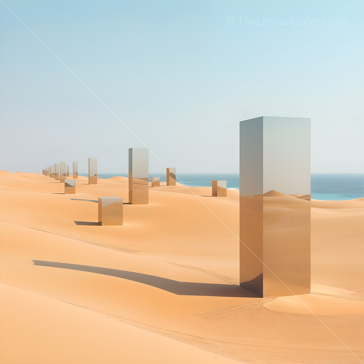 Mirrored liminal monoliths rise majestically amidst golden sands by a serene ocean under a clear blue sky