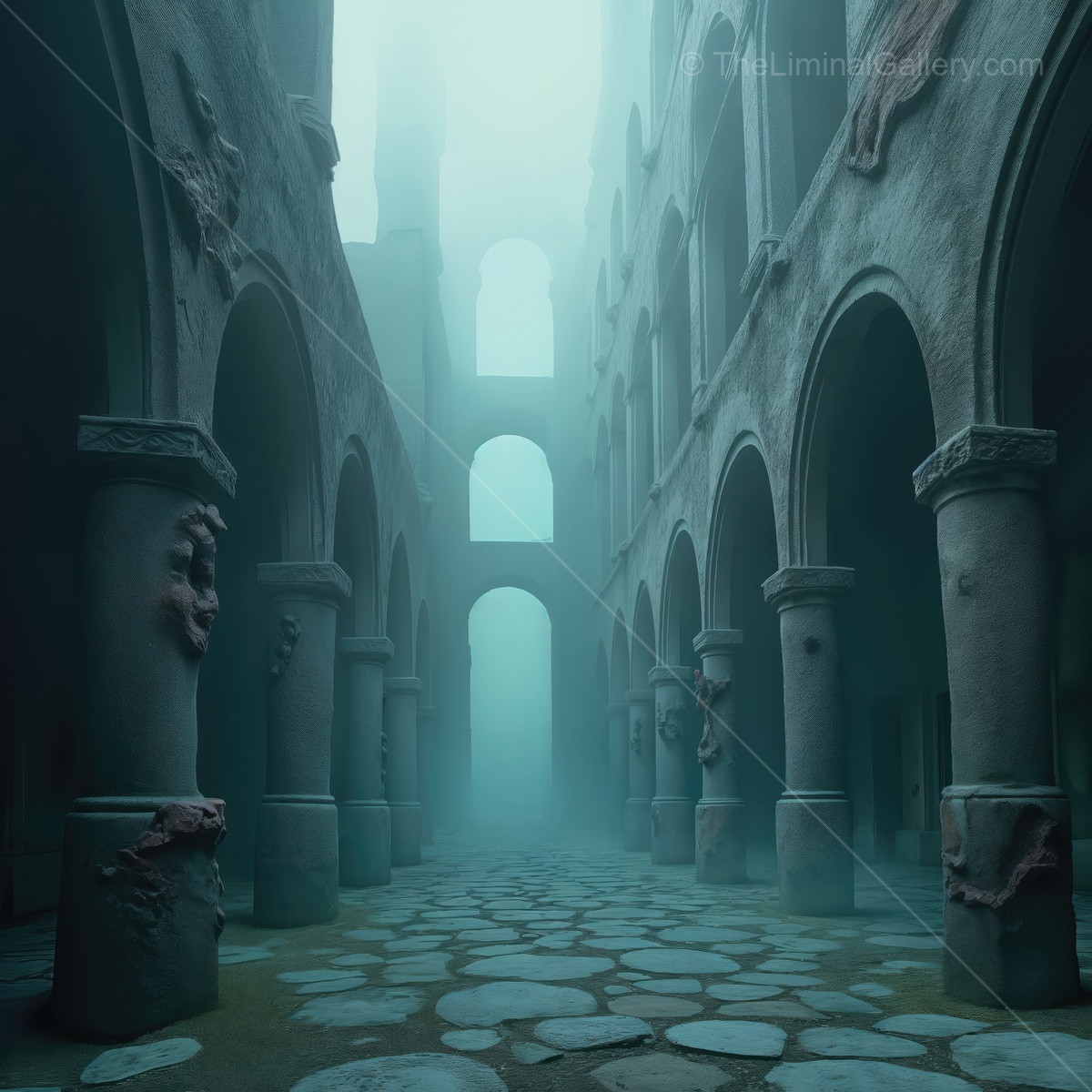 Enigmatic pathways through the ancient ruins shrouded in mist, inviting exploration and wonder among the weathered stone columns and archways