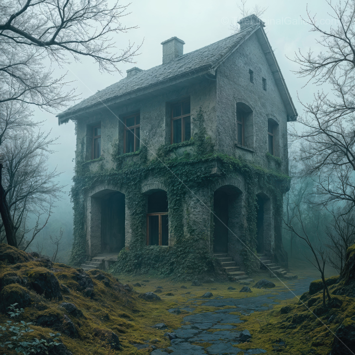Misty sunrise unveils an abandoned house cloaked in vines, its weathered silhouette hinting at hidden tales while nature slowly reclaims the forgotten dwelling