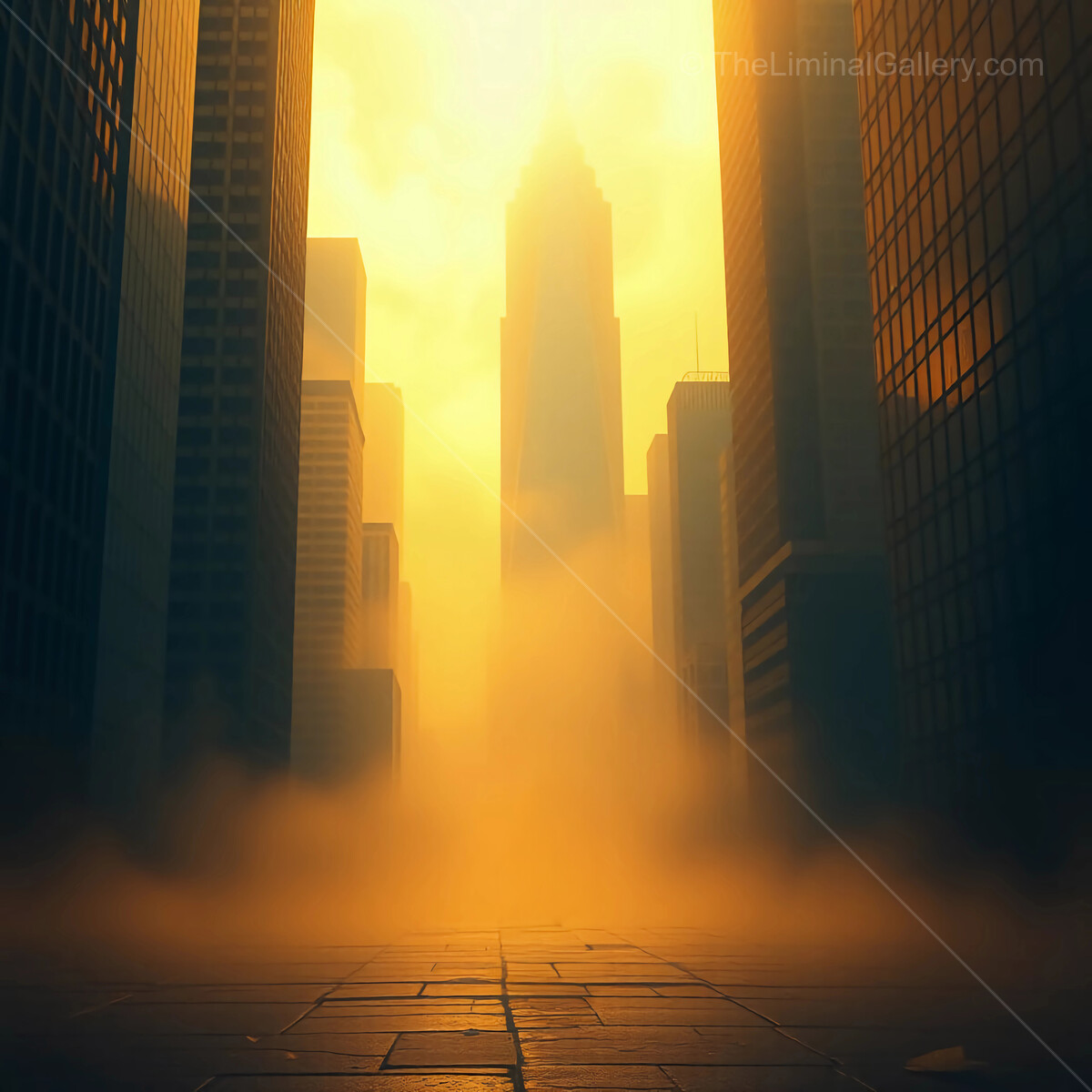 Misty urban landscape showcases towering skyscrapers under a golden sunset glow