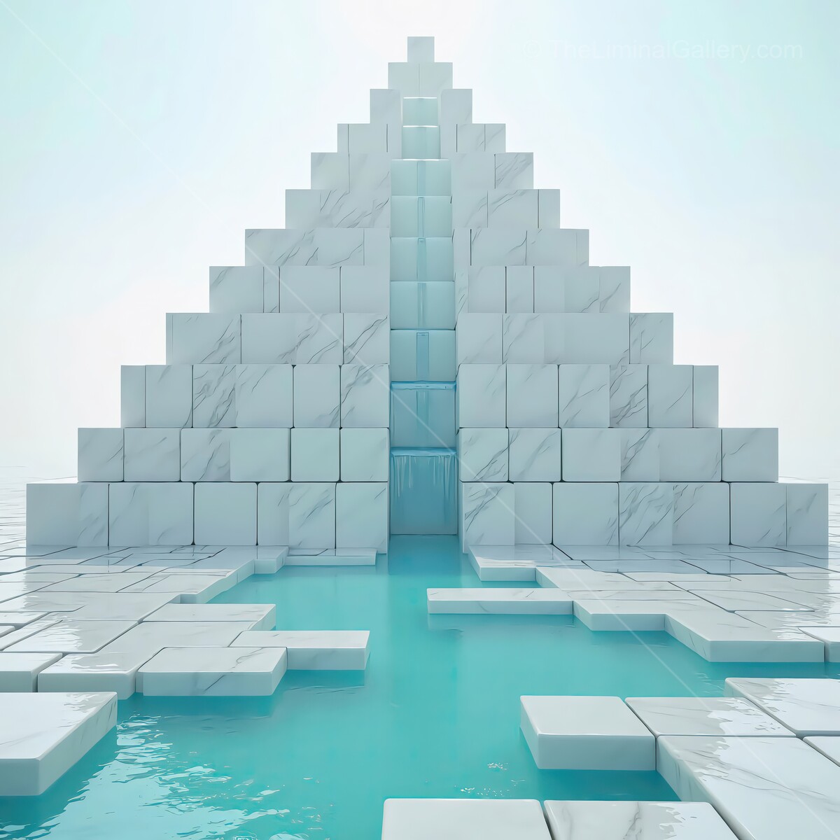 Modern architectural marvel rises from serene waters, blending nature and design in tranquil harmony