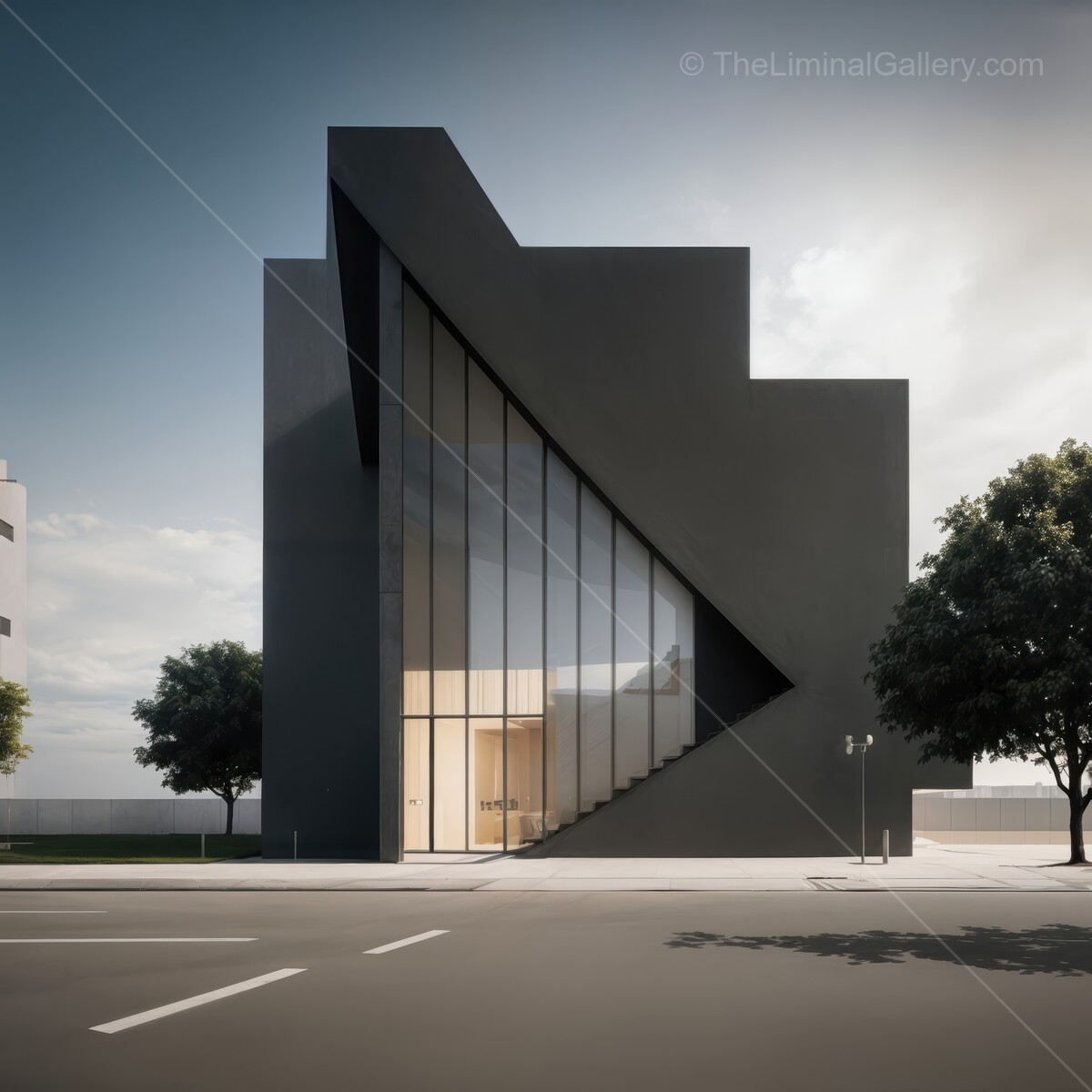 Modern architectural masterpiece in urban setting features geometric design and striking glass elements