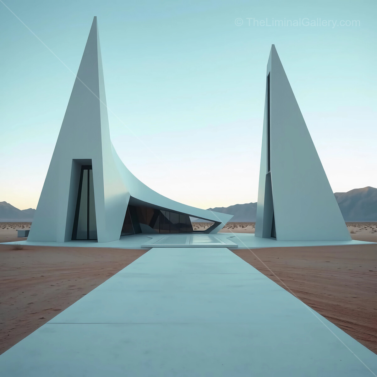Modern liminal architectural marvel rises gracefully against vast desert landscape at twilight
