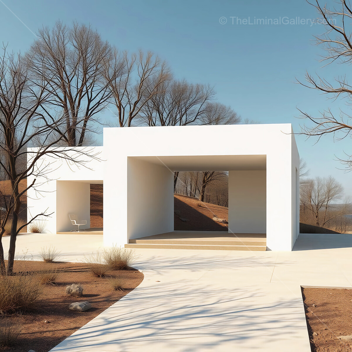 Modern architectural marvel situated in a serene landscape with a clear sky