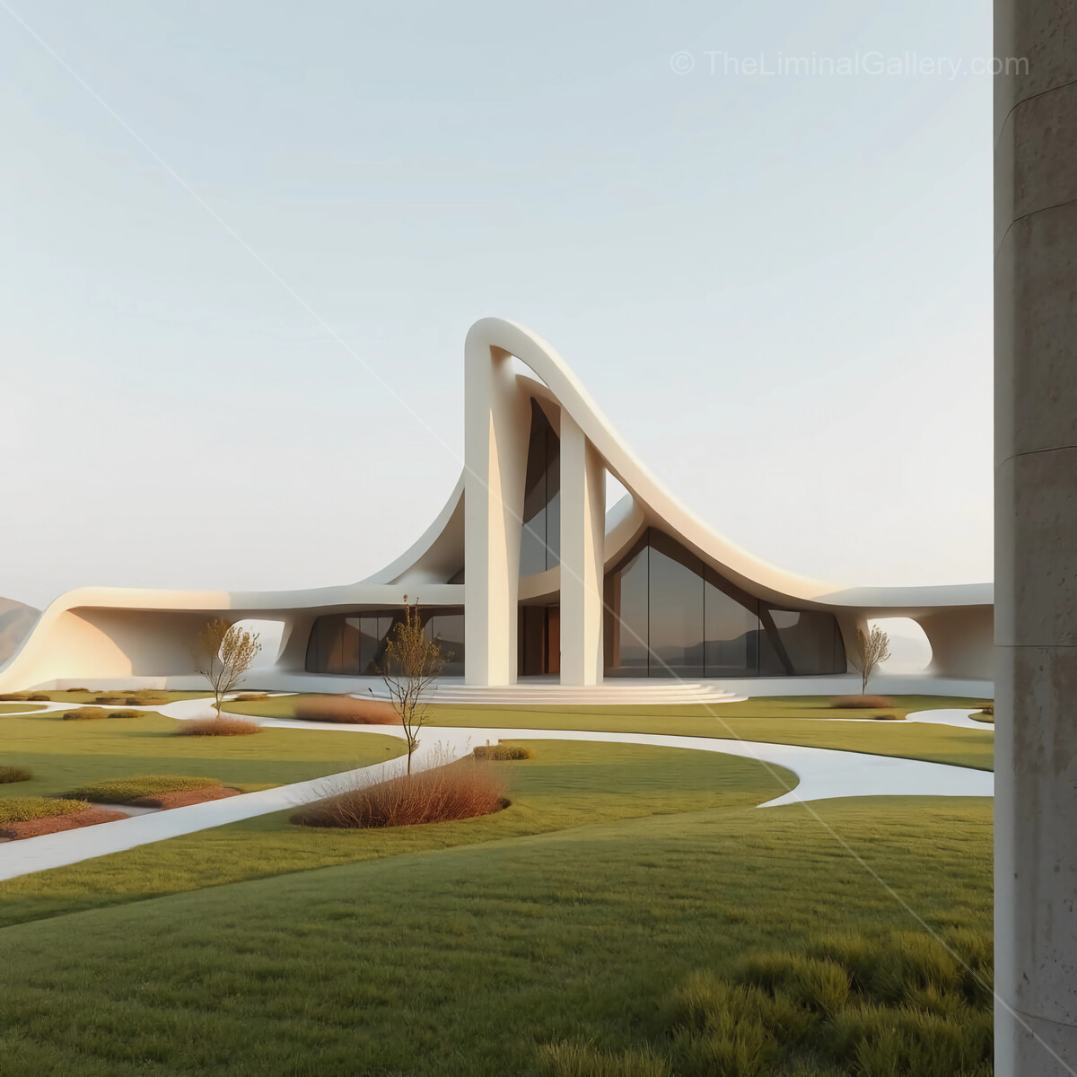 Modern liminal architectural marvel set amidst lush green landscape during a serene early morning