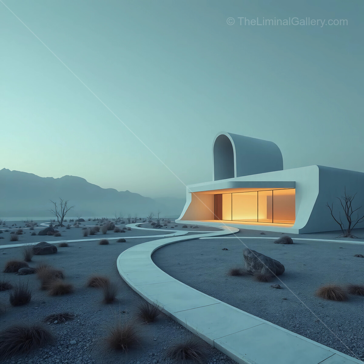 Modern liminal architecture blending with nature at twilight in a tranquil desert landscape