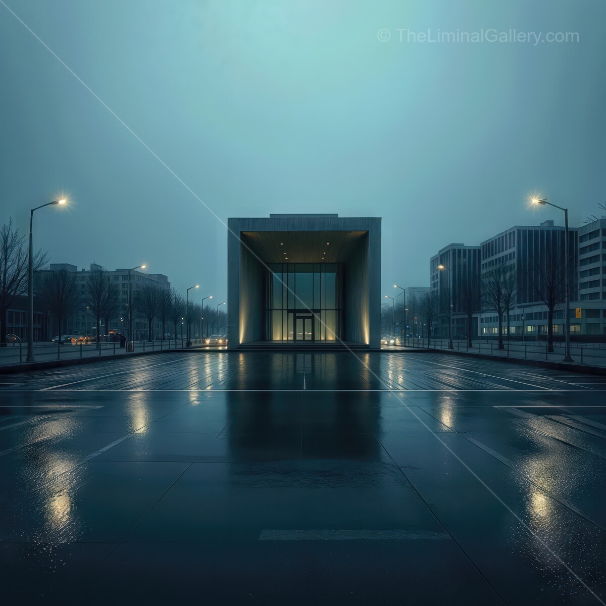Modern liminal architecture shines in the glow of evening lights on a rainy urban street