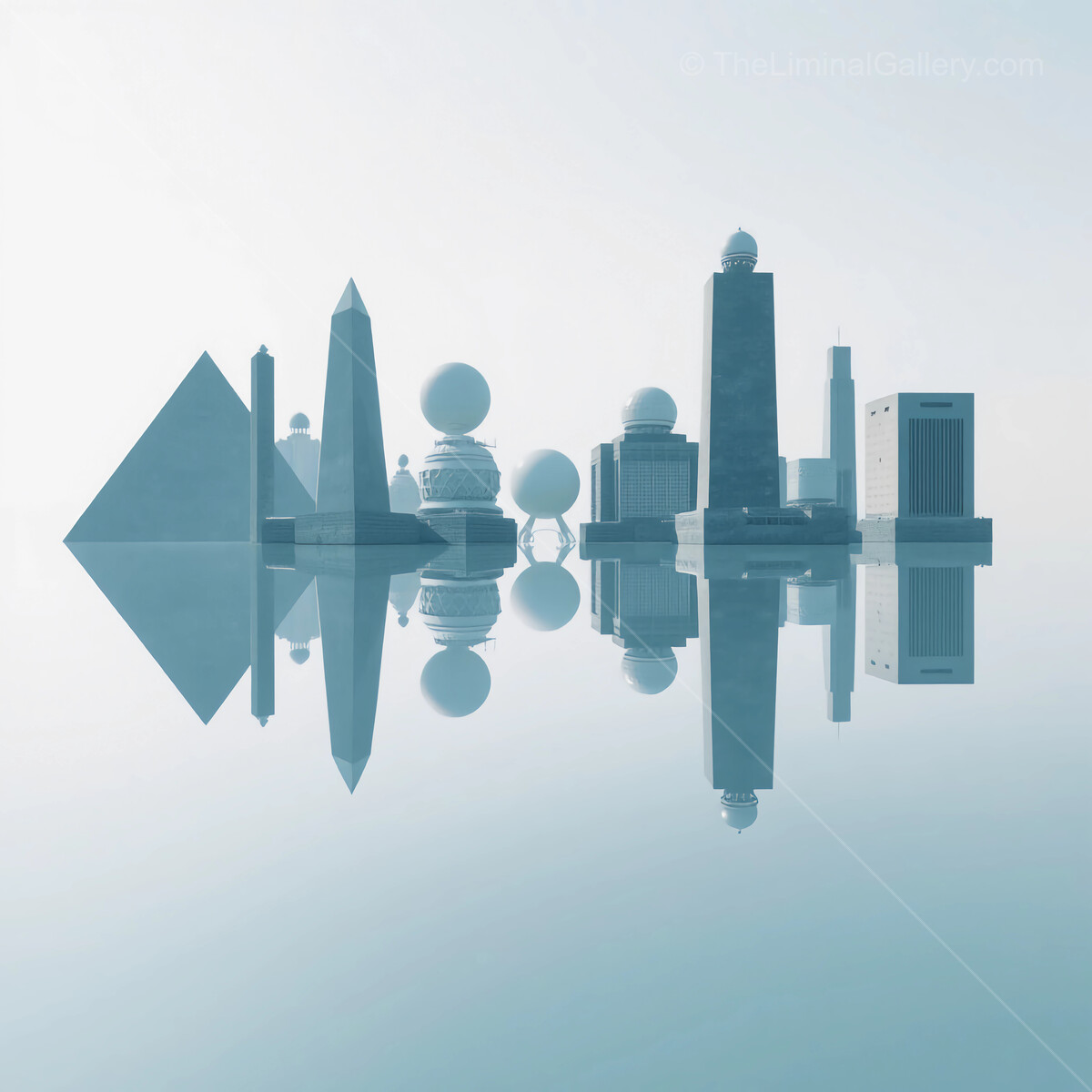 Modern liminal architectural wonders reflect in serene waters at dawn