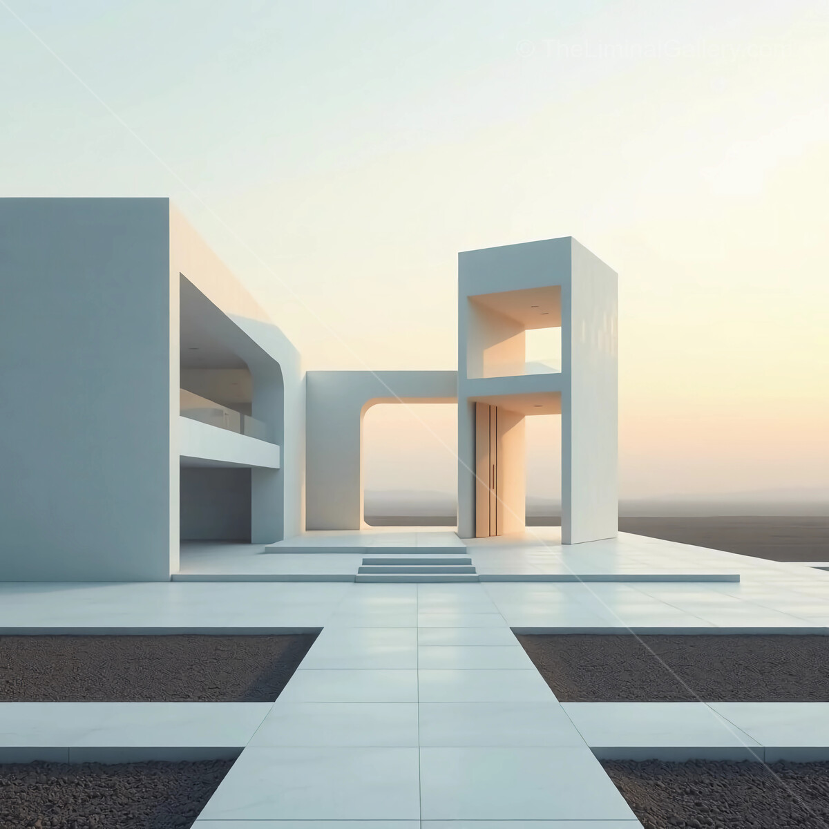 Modern architectural marvel emerges against a serene sunset skyline in a liminal minimalist desert landscape