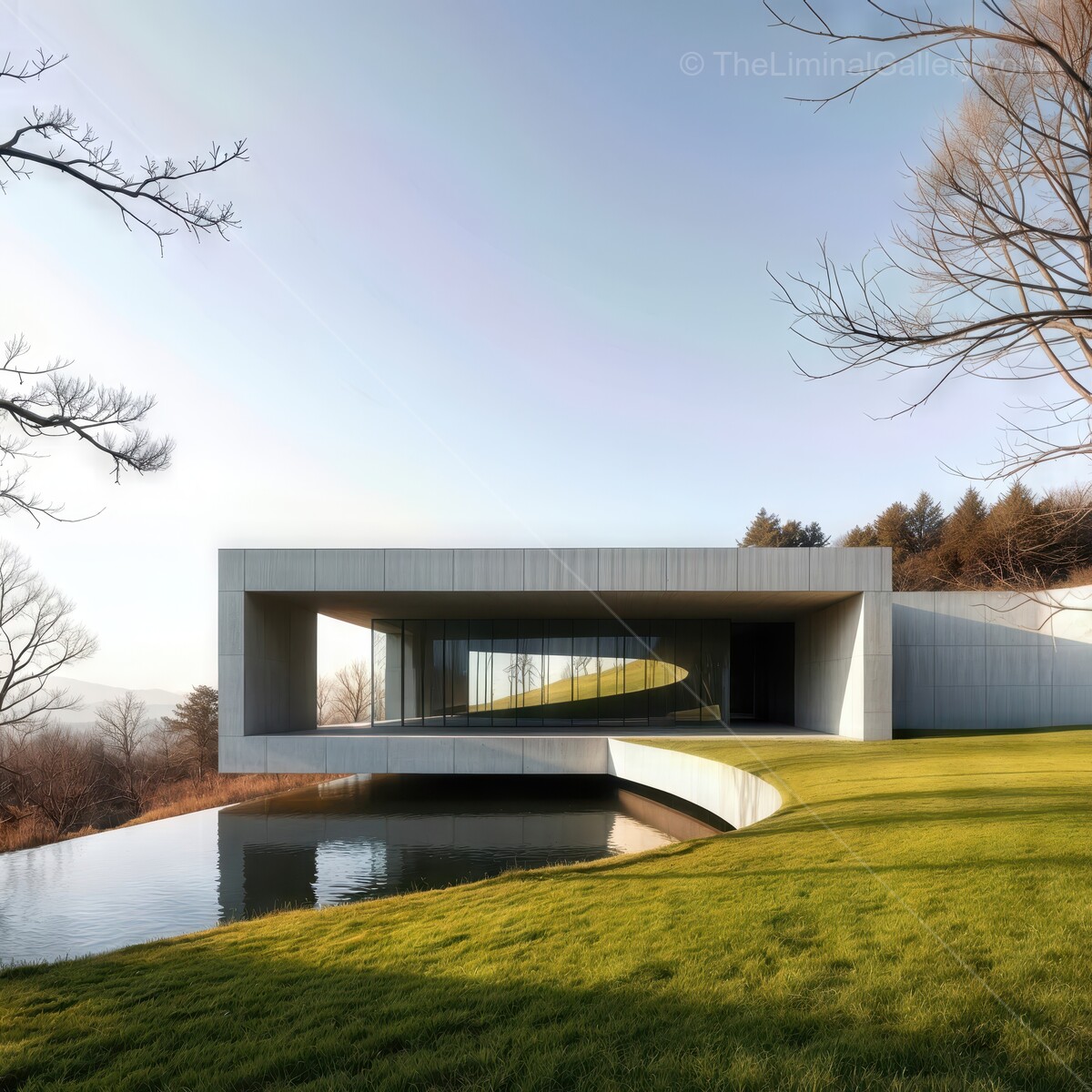 Modern architectural beauty nestled in serene landscape at golden hour