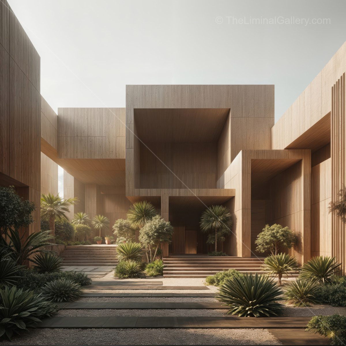 Architectural elegance embraces nature in a serene modern courtyard surrounded by lush greenery and vibrant plants, showcasing innovative design and sustainable living