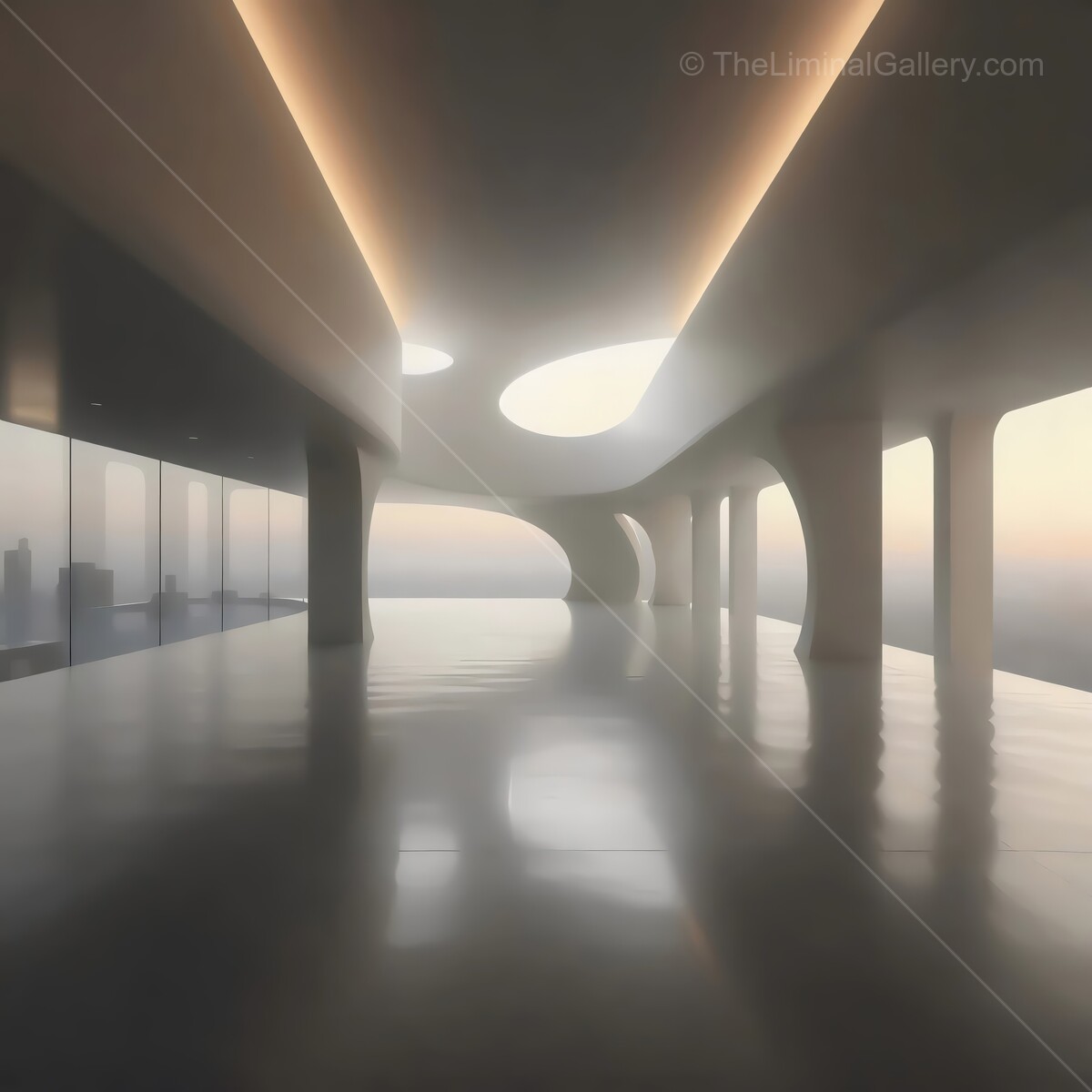 Modern liminal architectural marvel showcases sleek lines and breathtaking views of the horizon during soft twilight