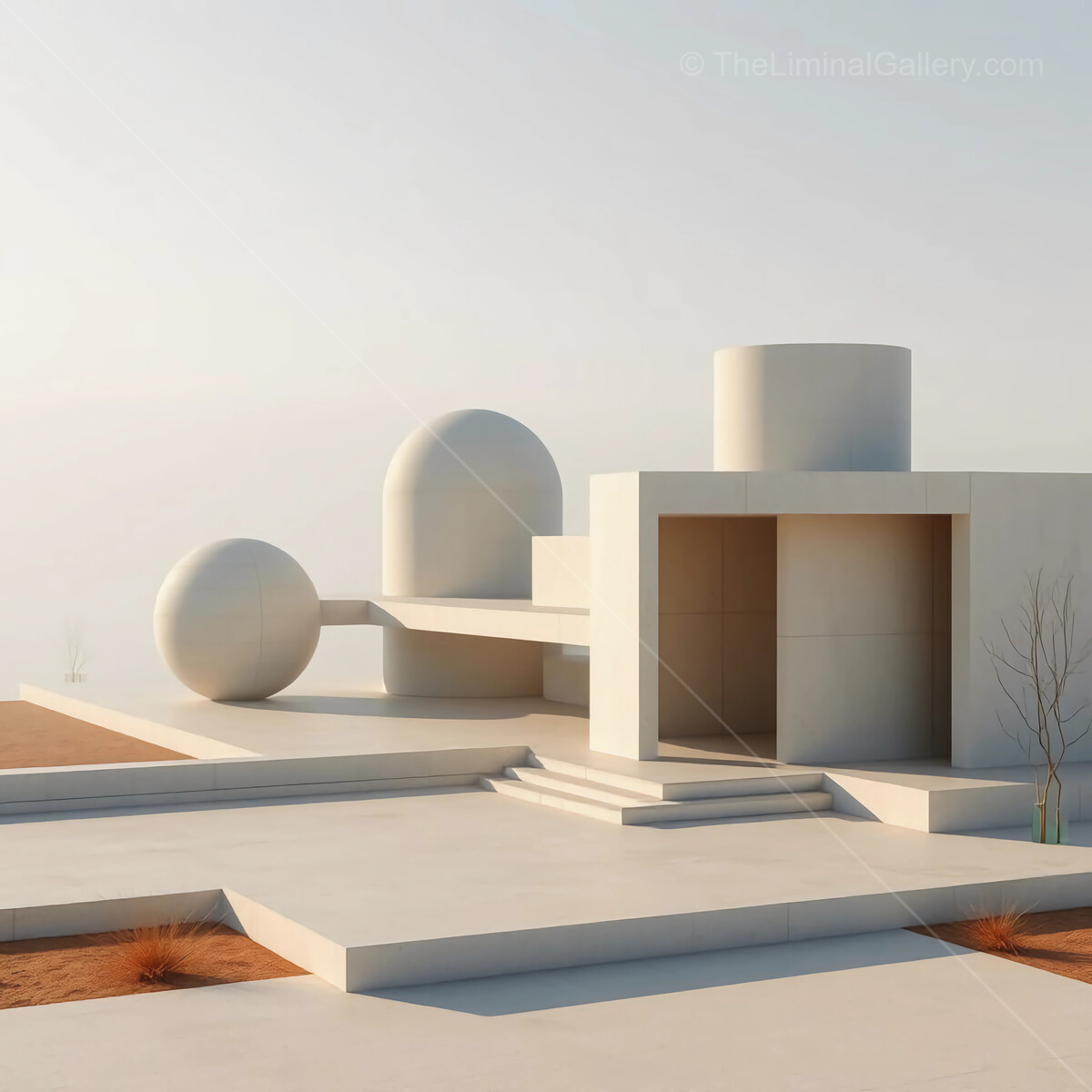 Modern architectural liminal marvel in a serene desert landscape at sunset