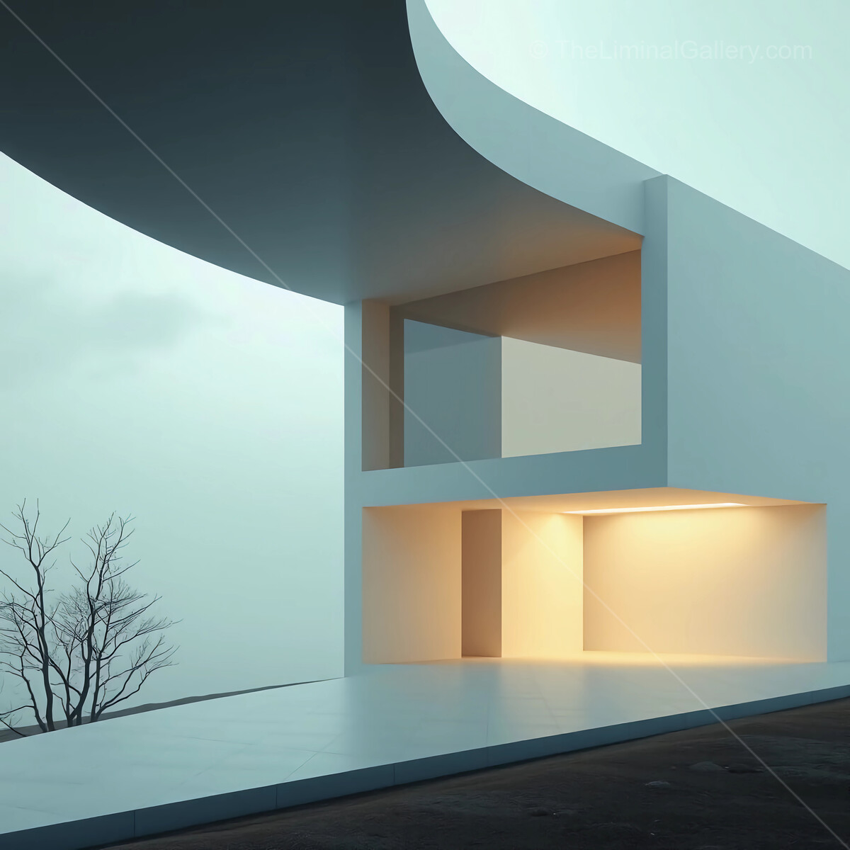 Modern architectural marvel perched on a liminal hillside in a serene, foggy landscape during twilight