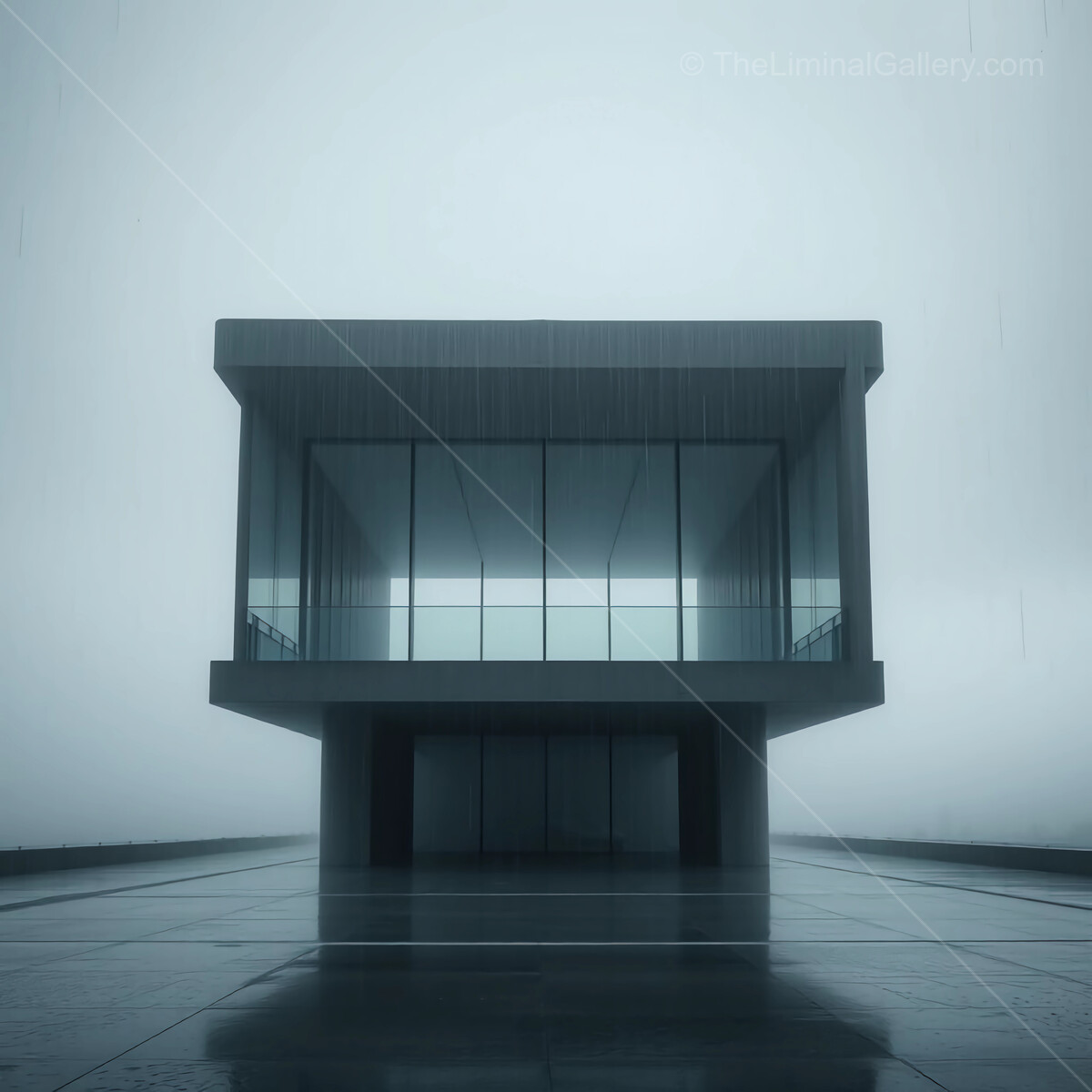 Modern architectural marvel stands amidst a misty landscape at dusk