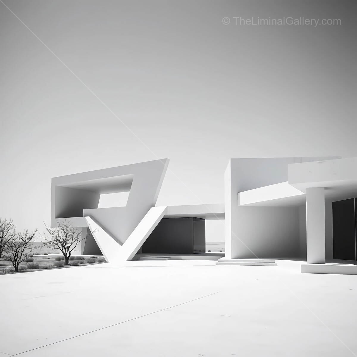 Modern architectural masterpiece stands out against an expansive desert backdrop with striking geometric shapes