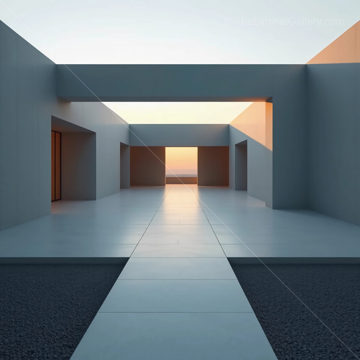 Modern architectural masterpiece captures serene sunset over tranquil landscape