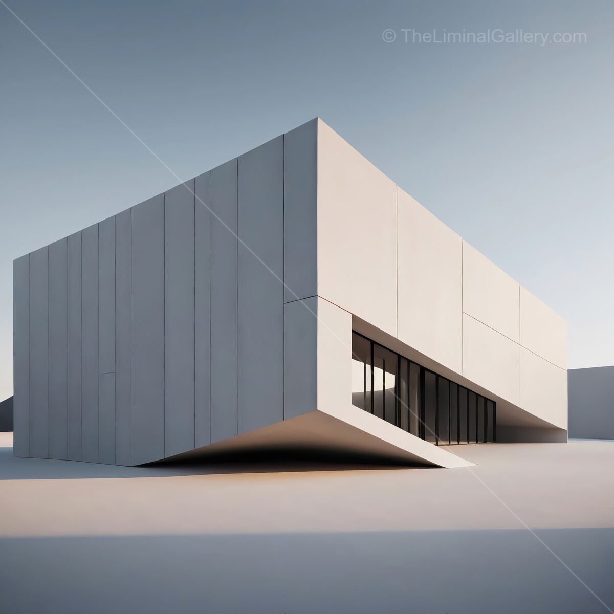 Modern architectural masterpiece showcasing minimalist design in an urban landscape during golden hour