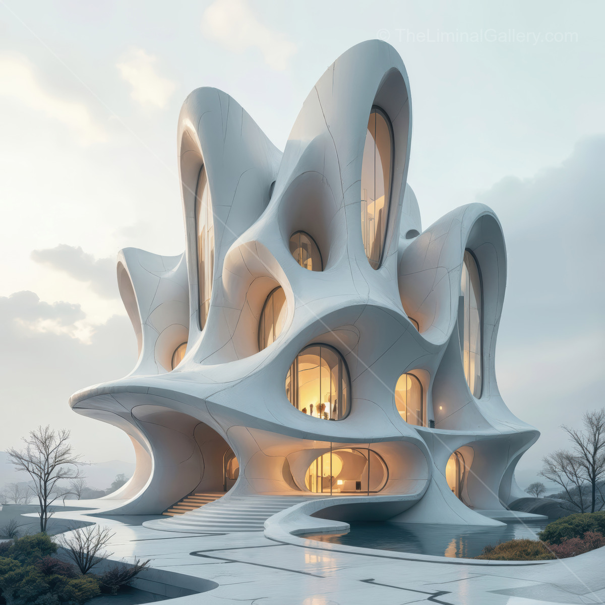 A liminal modern pavilion rises amid quiet fields, its artful lines and sun-washed surfaces blending innovation with landscape in serene equilibrium