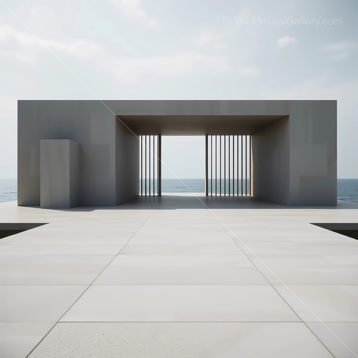 Modern architectural structure by the sea with minimalist design under a bright sky