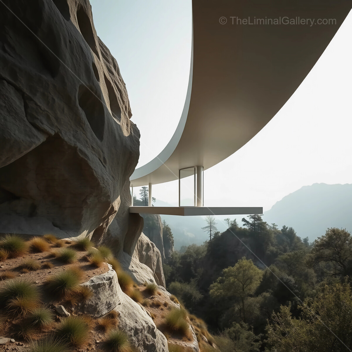 Unique modern structure floats above rocky terrain, embracing nature's beauty and serenity at dawn