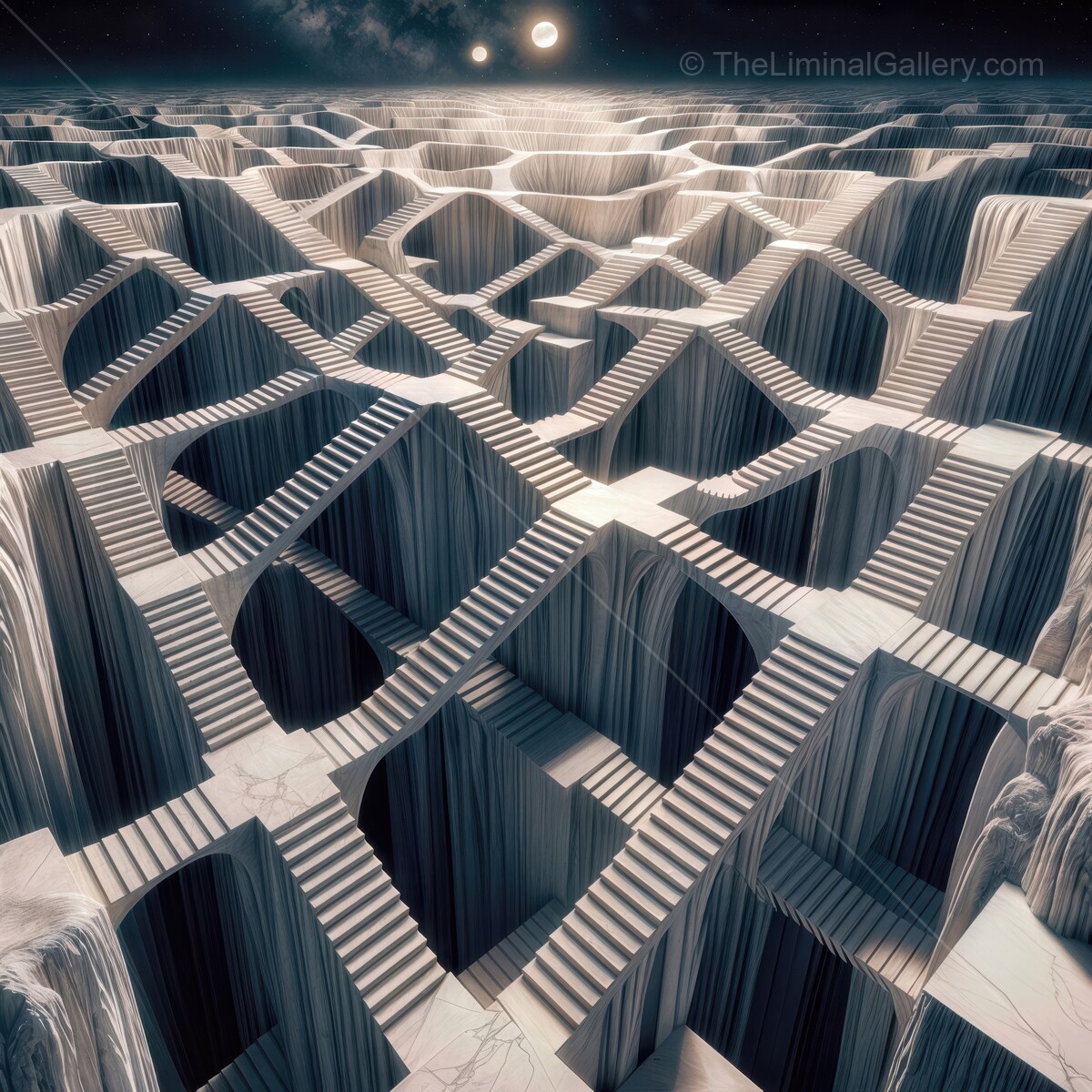 Intricate liminal labyrinth of white marble staircases under a celestial sun in a surreal landscape