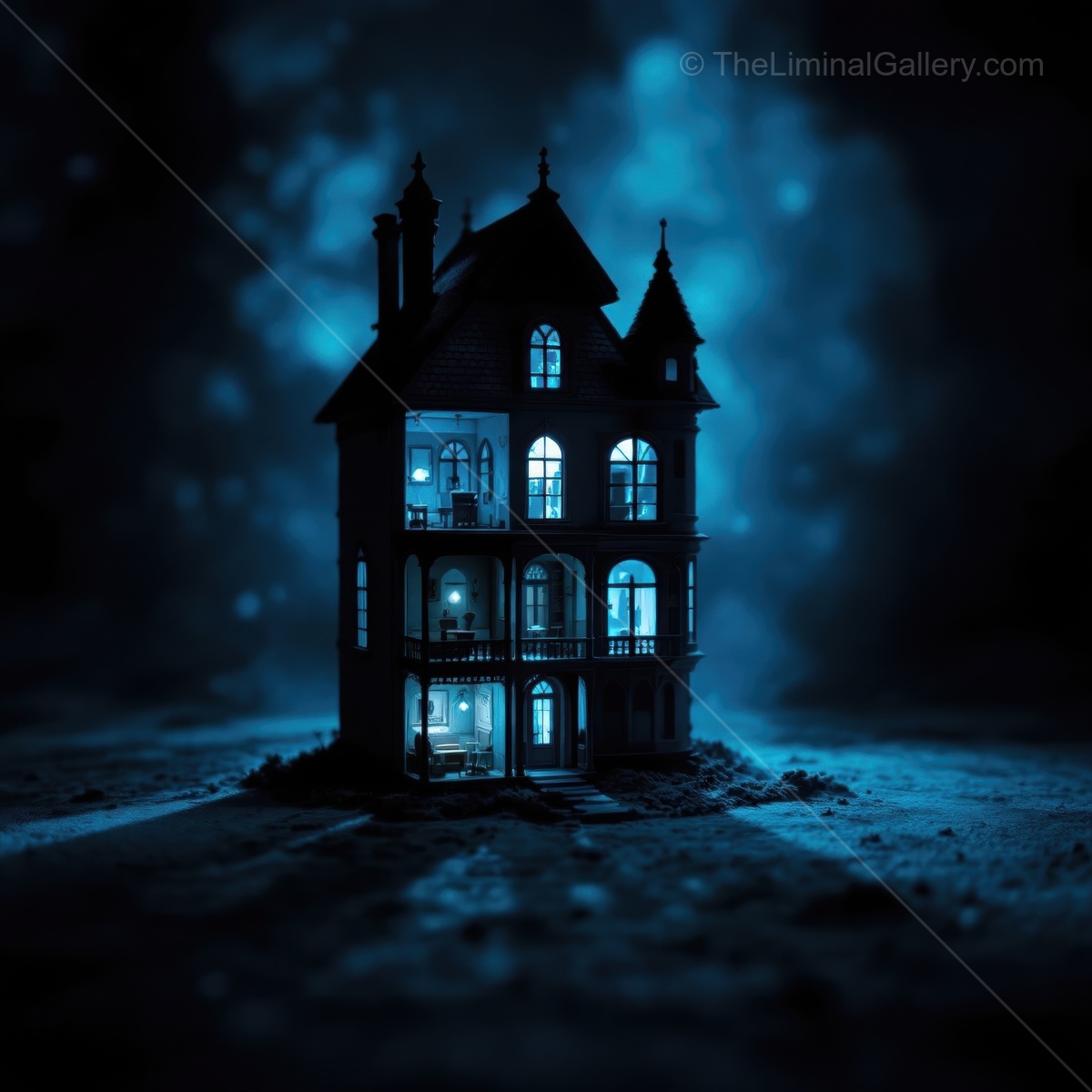 Liminal moonlit mansion cloaked in ethereal fog stands in silvery glow, its elegant silhouette radiating mystery and fascination that beckon night-time exploration