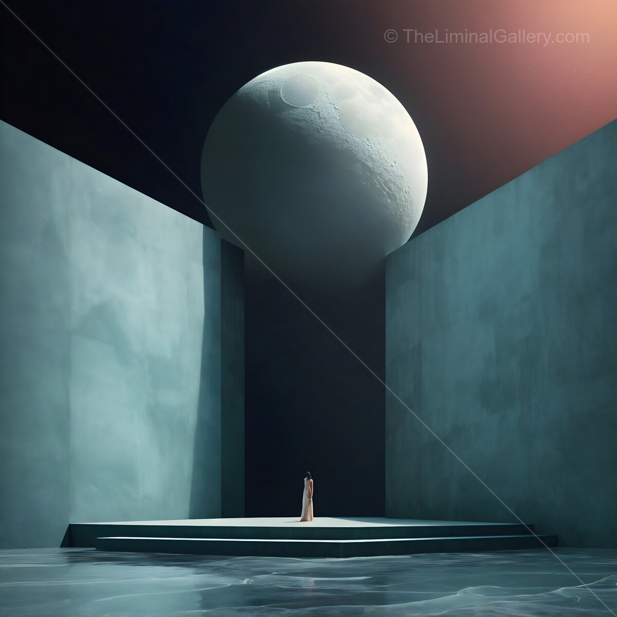 Moonlit liminal solitude invites deep reflection in a surreal architectural space
