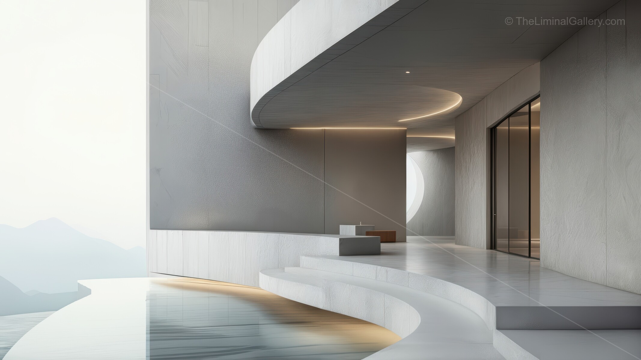 Liminal mountain retreat melds modern architecture with vast peaks; sunlit terrace and tranquil design let visitors absorb natural grandeur in quiet harmony