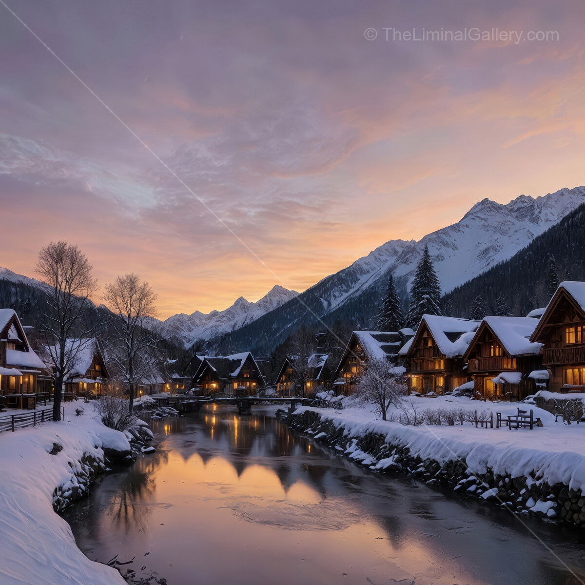 Enchanting liminal winter dusk in a picturesque mountain village with snow-covered rooftops and a tranquil river