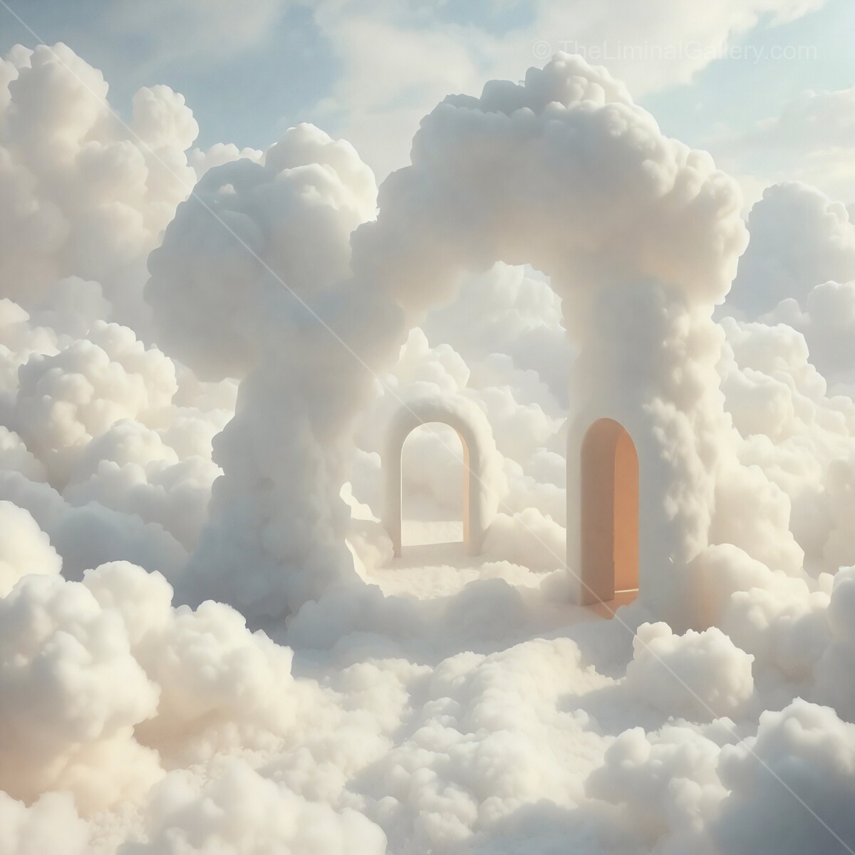 Mysterious archways emerge from fluffy liminal clouds, inviting curiosity in a dreamlike sky