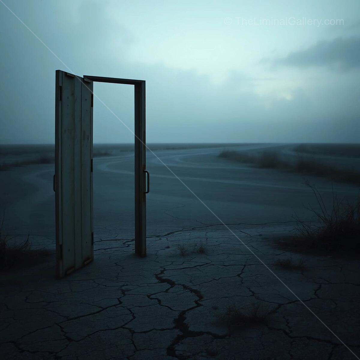 Mysterious door stands alone in a vast, desolate landscape under a twilight sky
