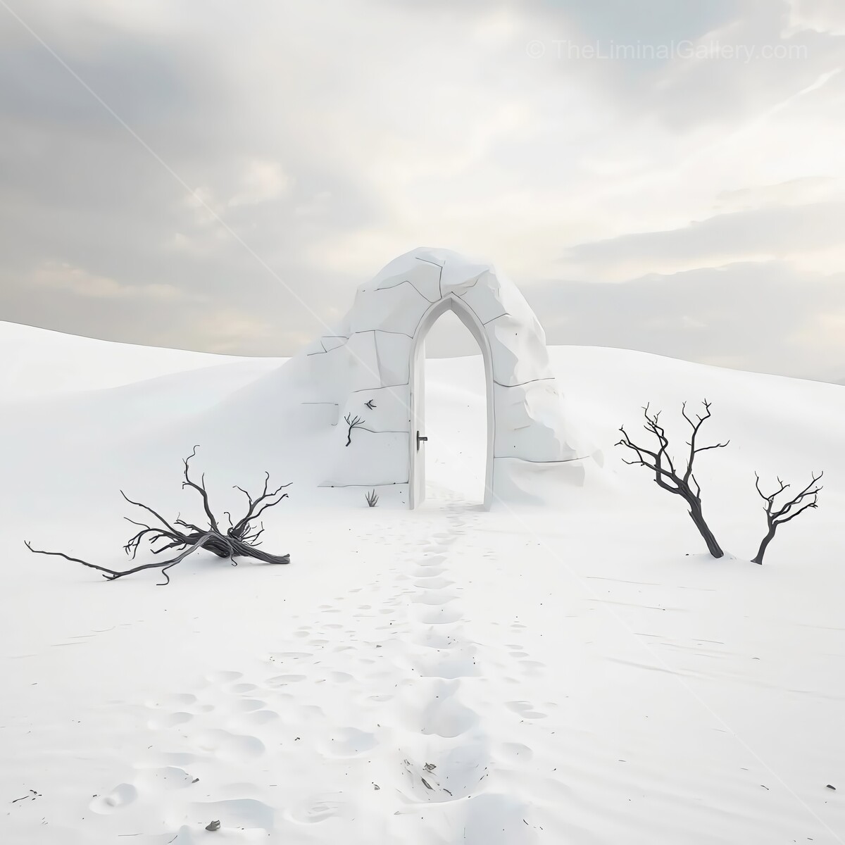 Mysterious door stands alone in a snowy landscape under a cloudy sky