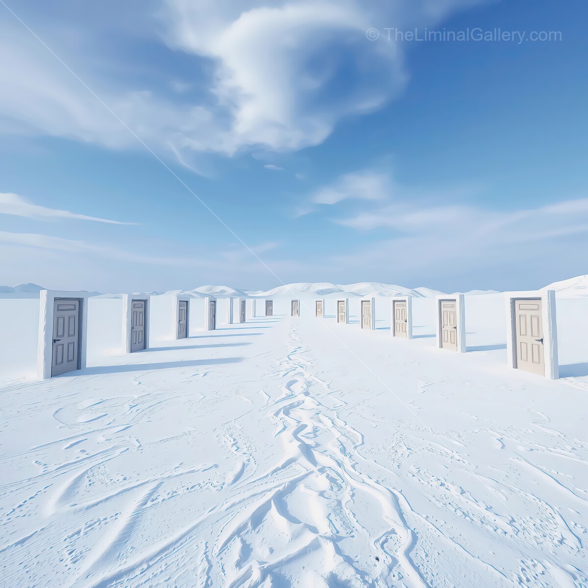 Mysterious doors lead to unknown realms across a snowy landscape under a bright blue sky