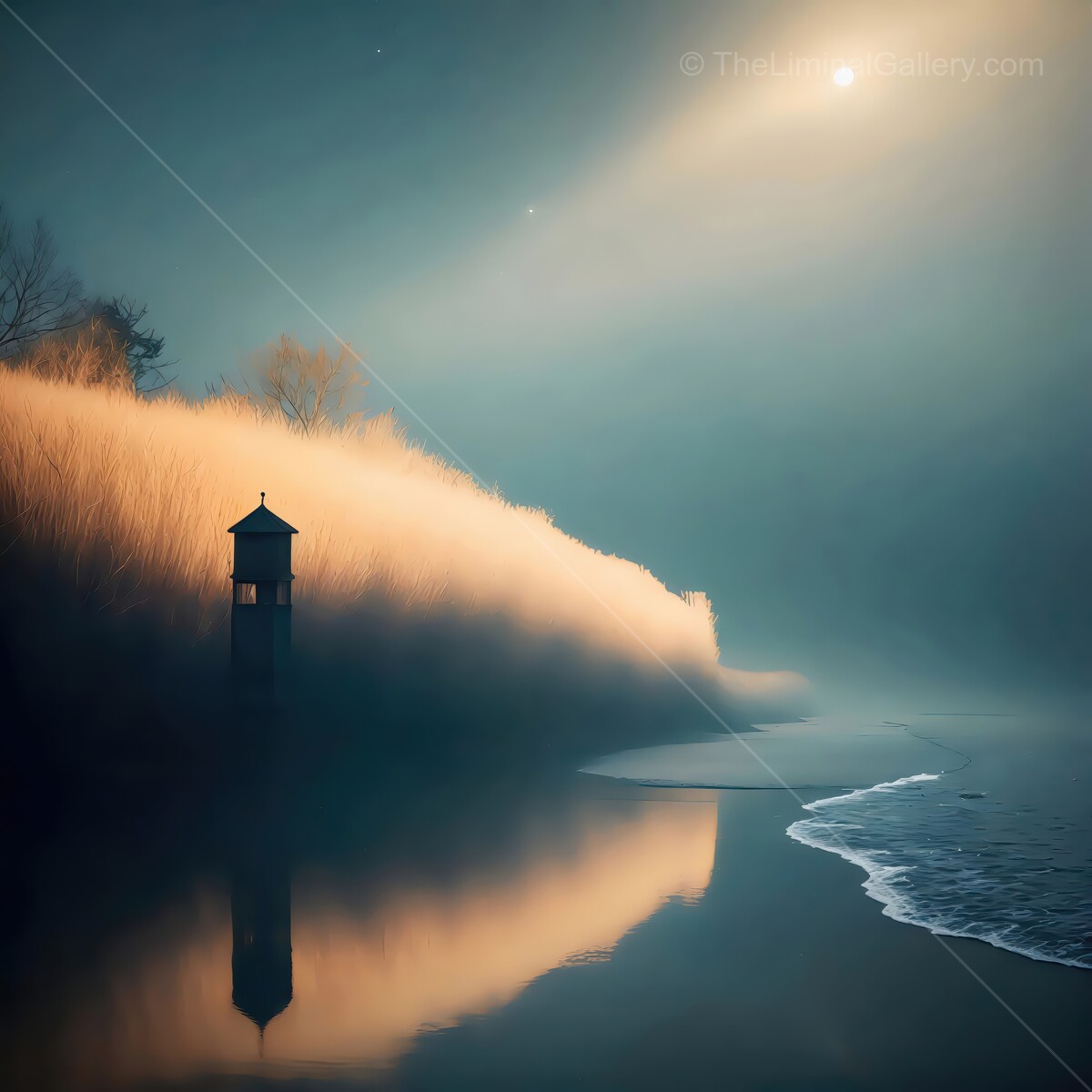 Mysterious fog envelops a tranquil liminal shoreline as moonlight casts gentle reflections on calm waters