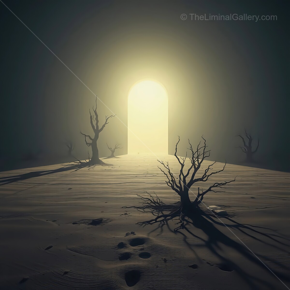 Mysterious liminal landscape with twisted trees and a glowing doorway at dusk in a surreal desert setting