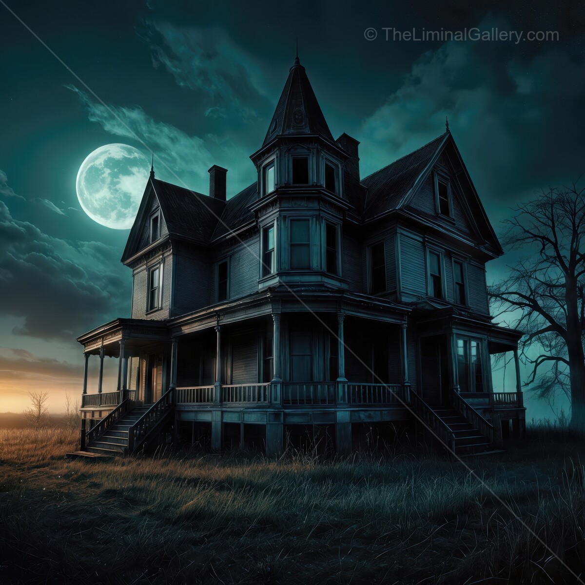 Mysterious Victorian mansion shrouded in moonlight with eerie atmosphere at twilight