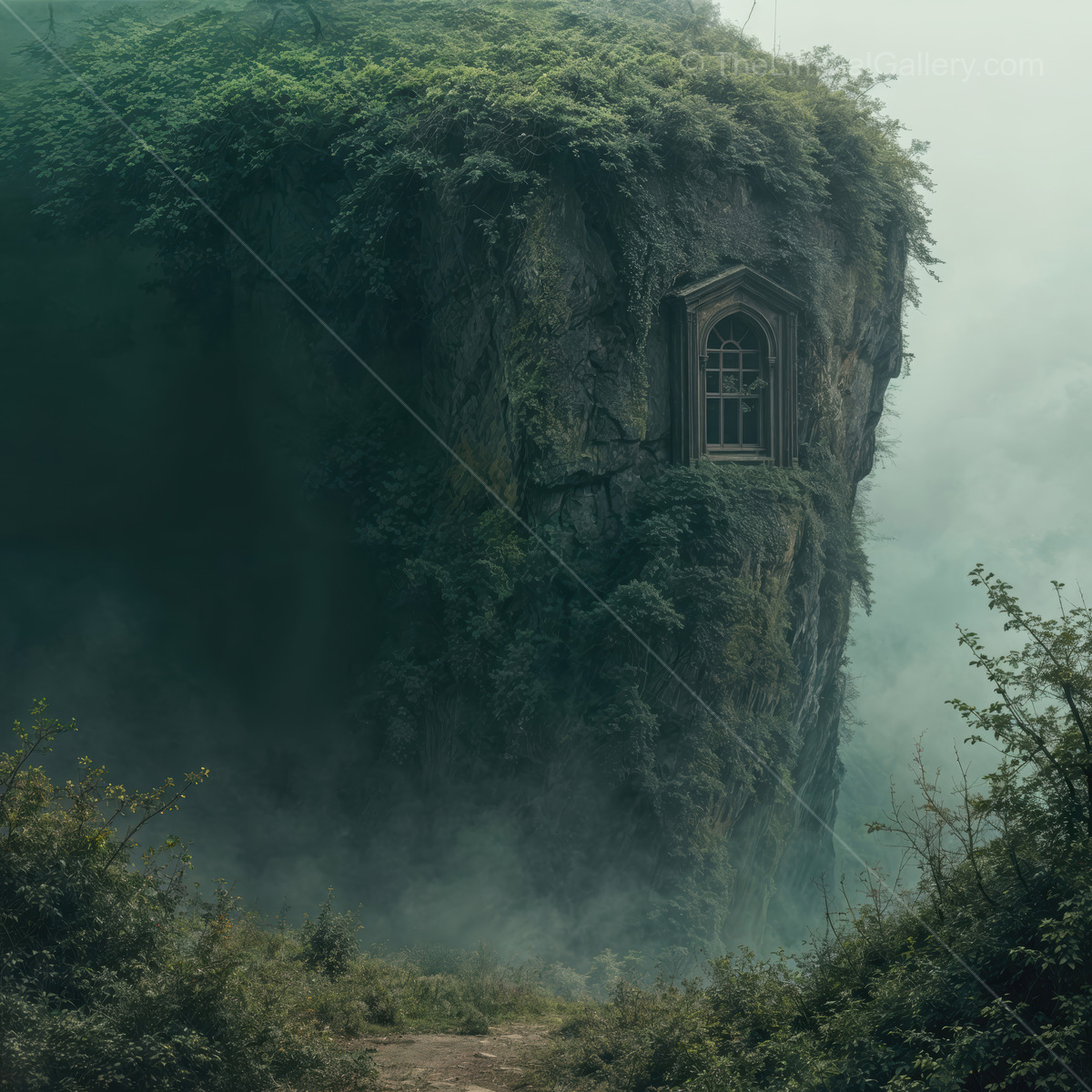 Mysterious cliffside structure rises majestically amidst misty woods, capturing the essence of nature's hidden wonders and magical landscapes