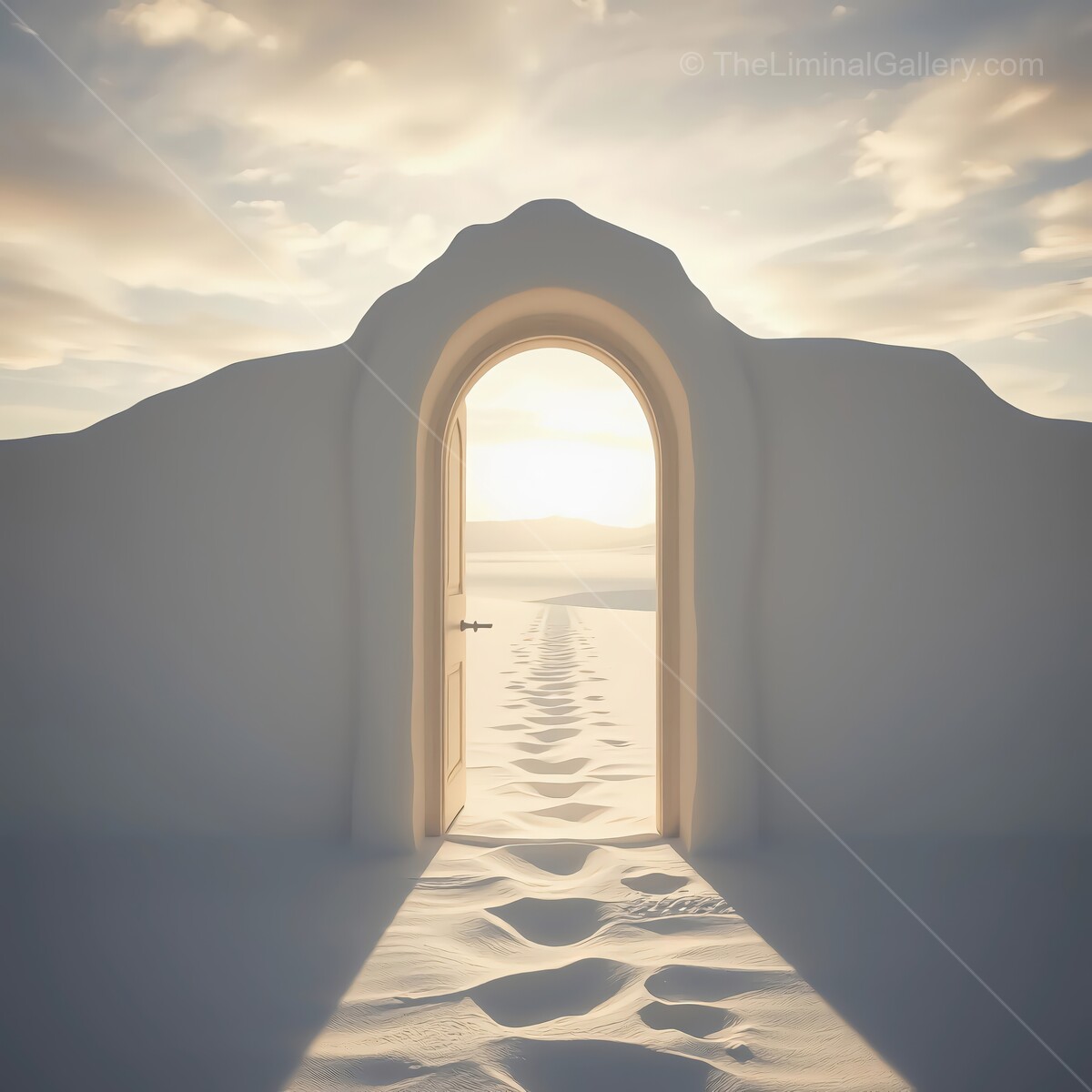 Mystical doorway in a sandy landscape under a breathtaking sky at dusk