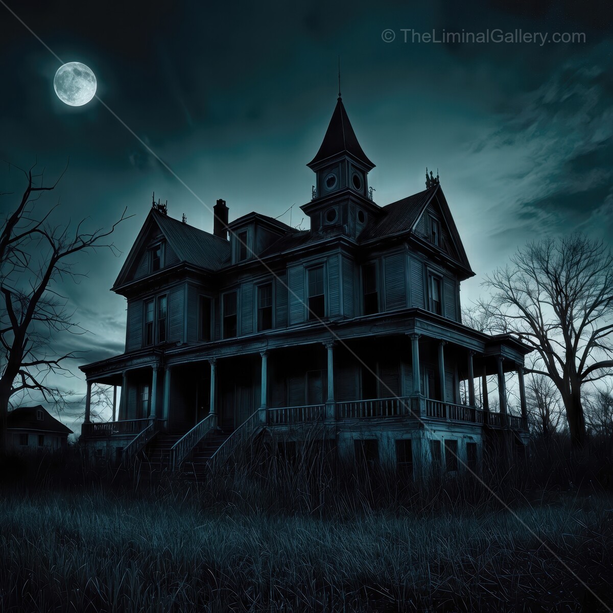Mysterious liminal old mansion under a full moon in a dark, haunting landscape