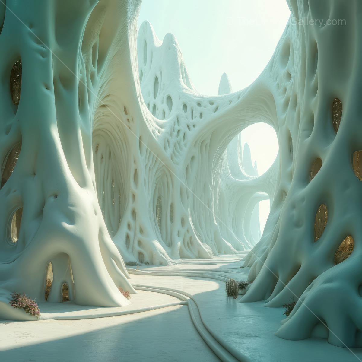 A liminal dreamscape entwines organic architecture with living trees and pools, sculpting flowing forms that mesmerize viewers and foster wonder, serenity and imaginative travel