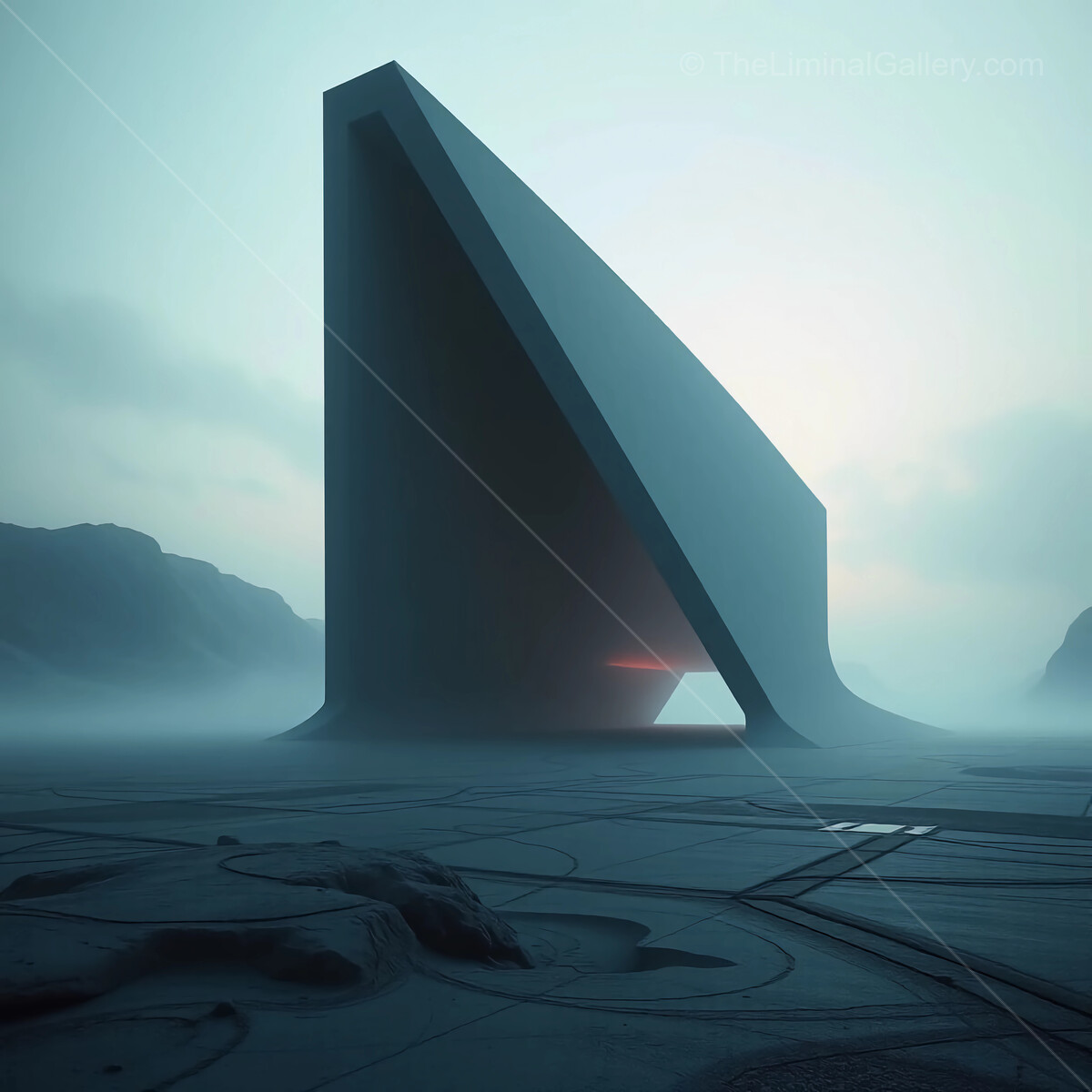 Exploring an otherworldly structure against a misty landscape at dawn
