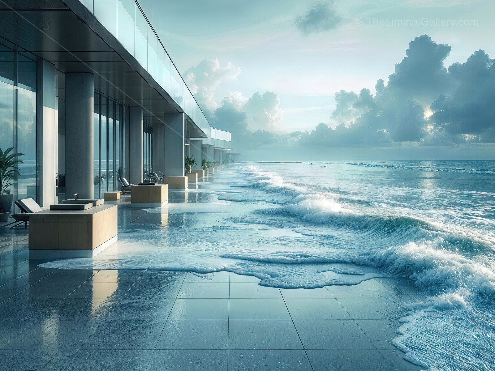 Soft dawn paints a liminal seaside resort where rhythmic waves and pastel skies meet, creating a timeless sanctuary for reflection and gentle reverie