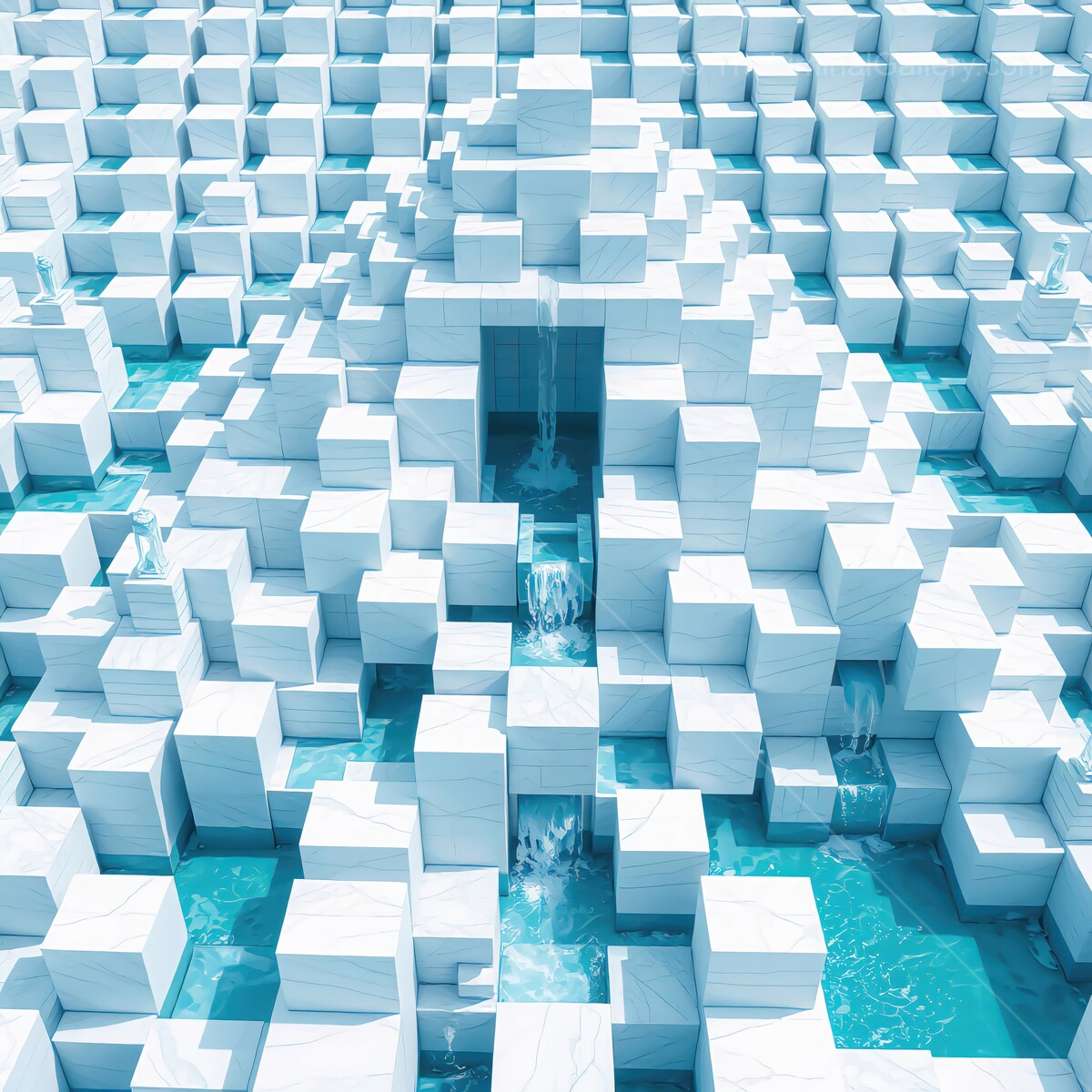 Abstract white pyramid structure surrounded by shimmering turquoise water in a modern digital landscape