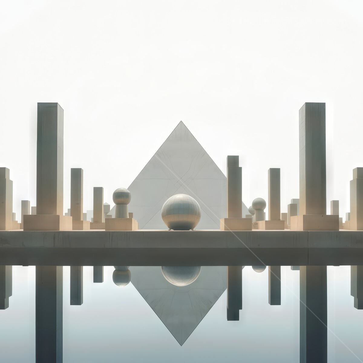 Geometric liminal harmony unfolds in a serene landscape adorned with reflective surfaces and structures