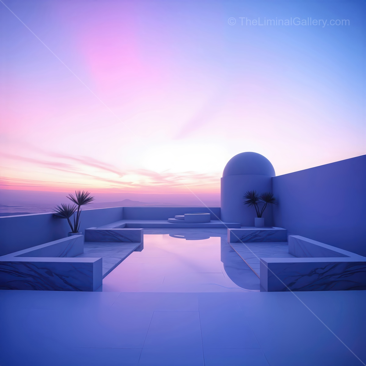 Serene dusk over a minimalist rooftop oasis with smooth reflections and gentle hues