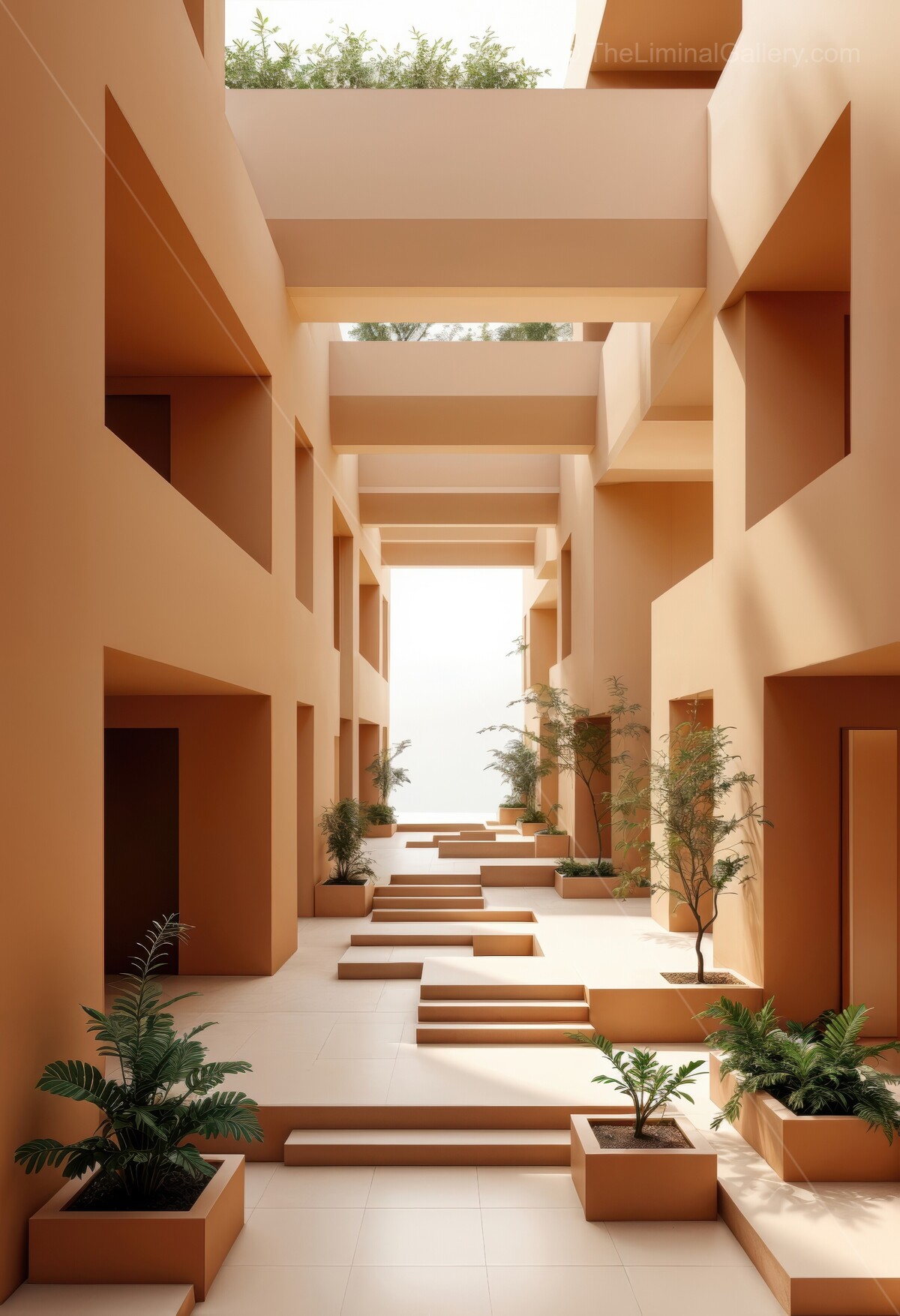 Exquisite architecture showcases harmonious blend of modern design and natural elements in a serene courtyard setting surrounded by vibrant greenery